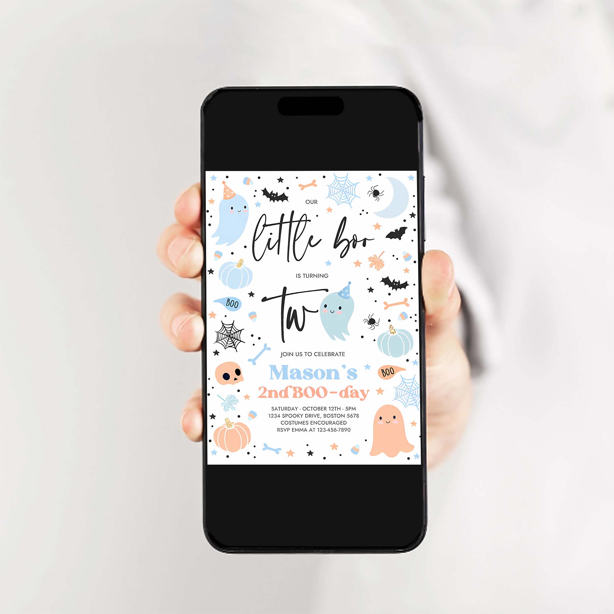 Editable Little Boo 2nd Birthday Party Invitation Cute Blue Halloween Ghost 2nd Birthday Party Spooktacular 2nd Birthday Instant Download G3