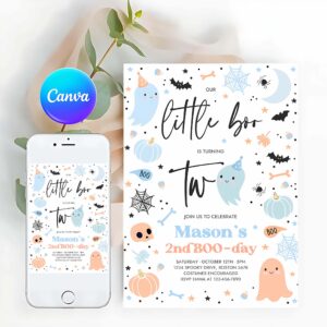Little Boo Invitation, Little Boo 2nd Birthday Party Invitation Cute Blue Halloween Ghost 2nd Birthday Party Spooktacular 2nd Birthday