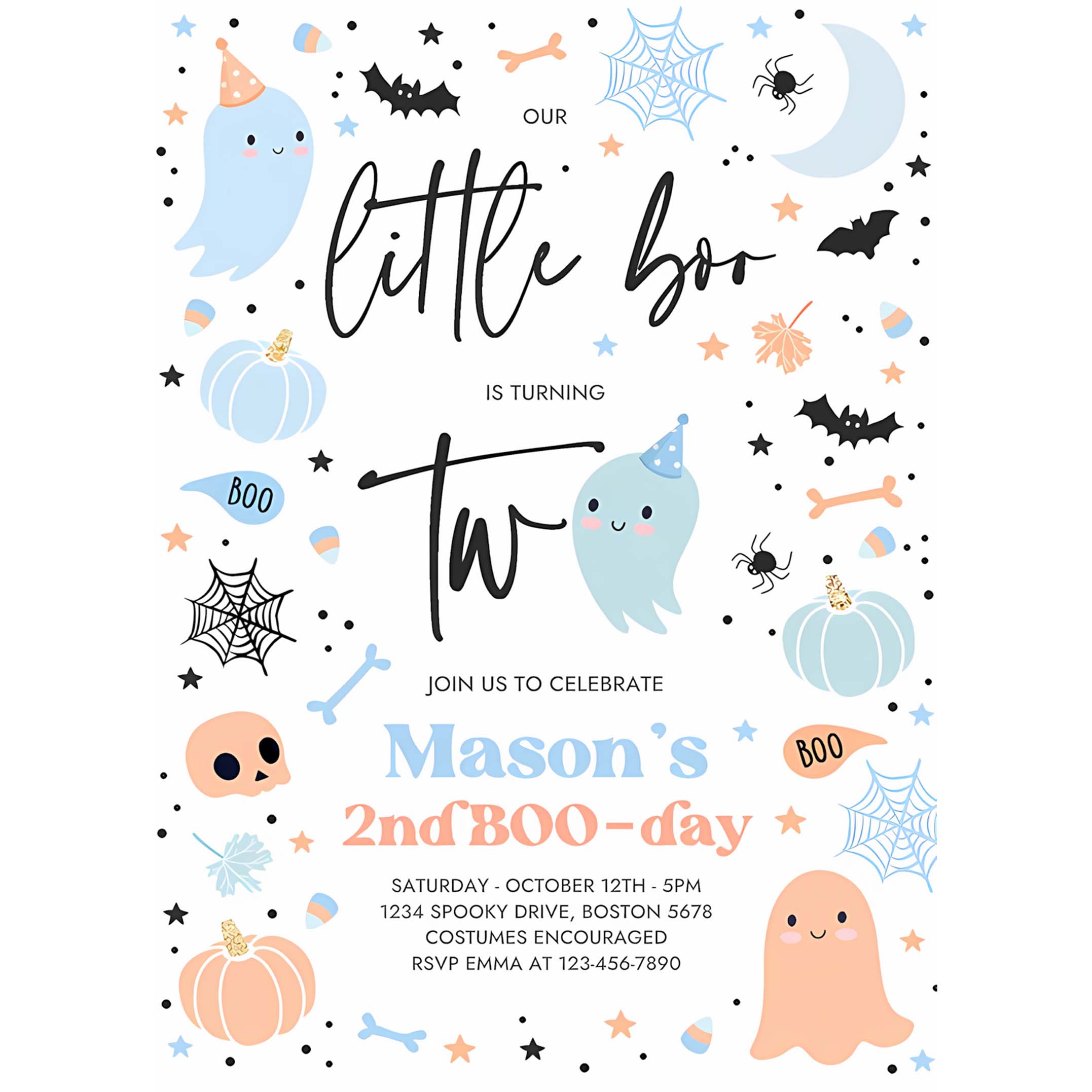 Editable Little Boo 2nd Birthday Party Invitation Cute Blue Halloween Ghost 2nd Birthday Party Spooktacular 2nd Birthday Instant Download G3