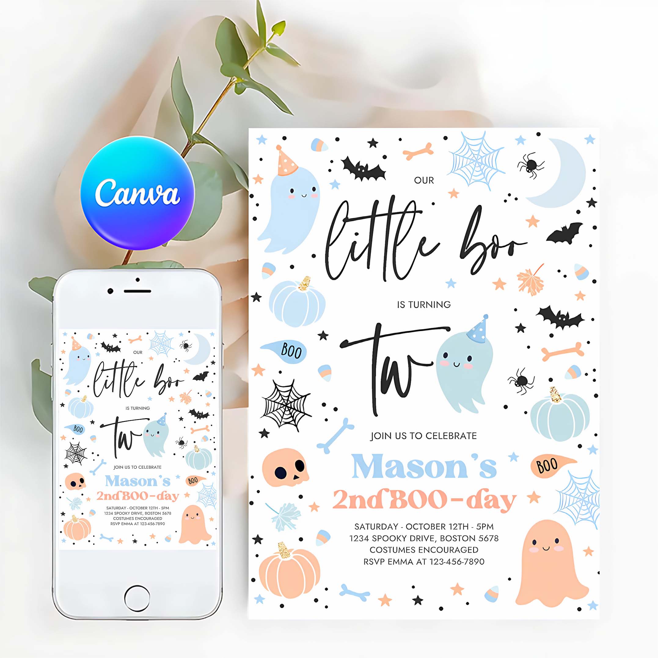 Editable Little Boo 2nd Birthday Party Invitation Cute Blue Halloween Ghost 2nd Birthday Party Spooktacular 2nd Birthday Instant Download G3