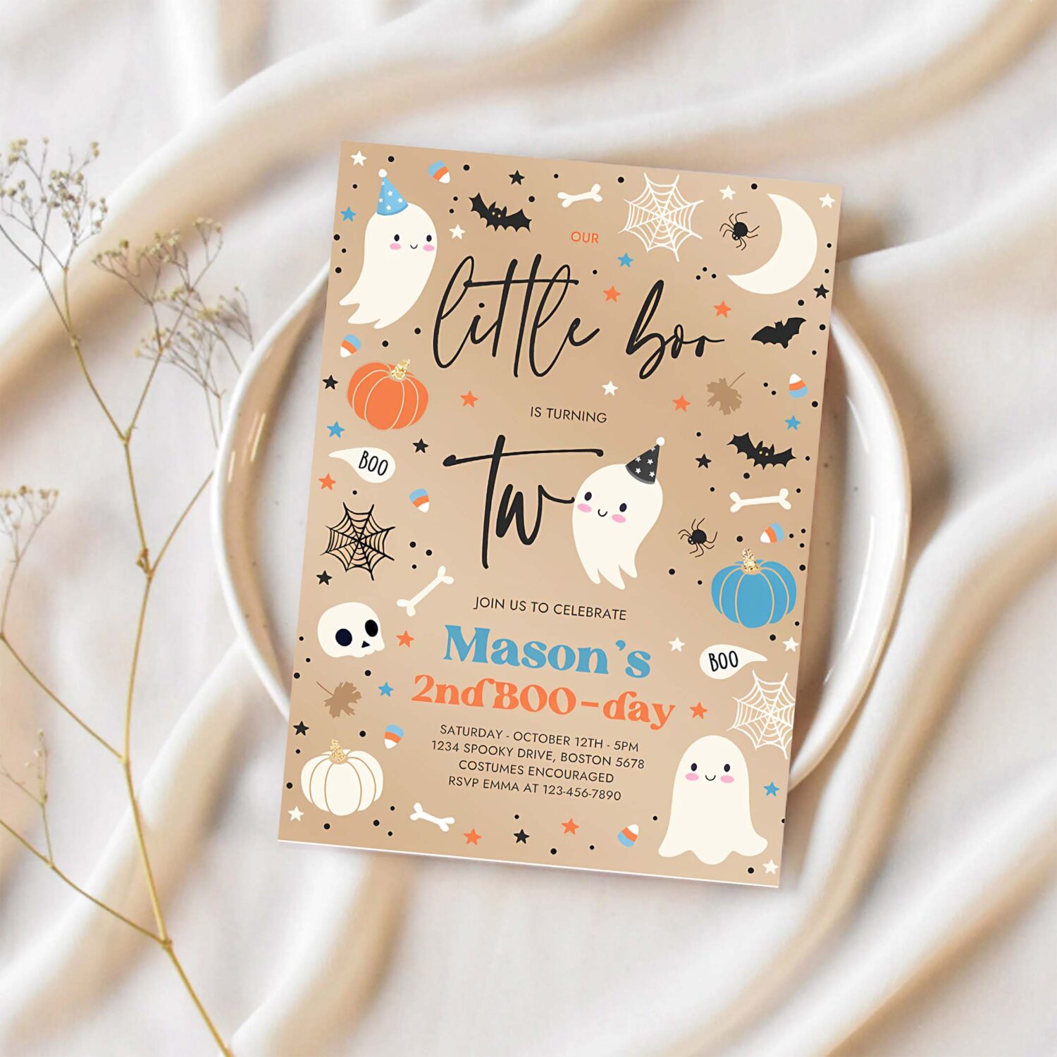 Editable little boo 2nd birthday party invitation cute blue halloween ghost 2nd birthday party spooktacular 2nd birthday instant download h2 1