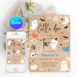 Little Boo Invitation, Little Boo 2nd Birthday Party Invitation Cute Blue Halloween Ghost 2nd Birthday Party Spooktacular 2nd Birthday