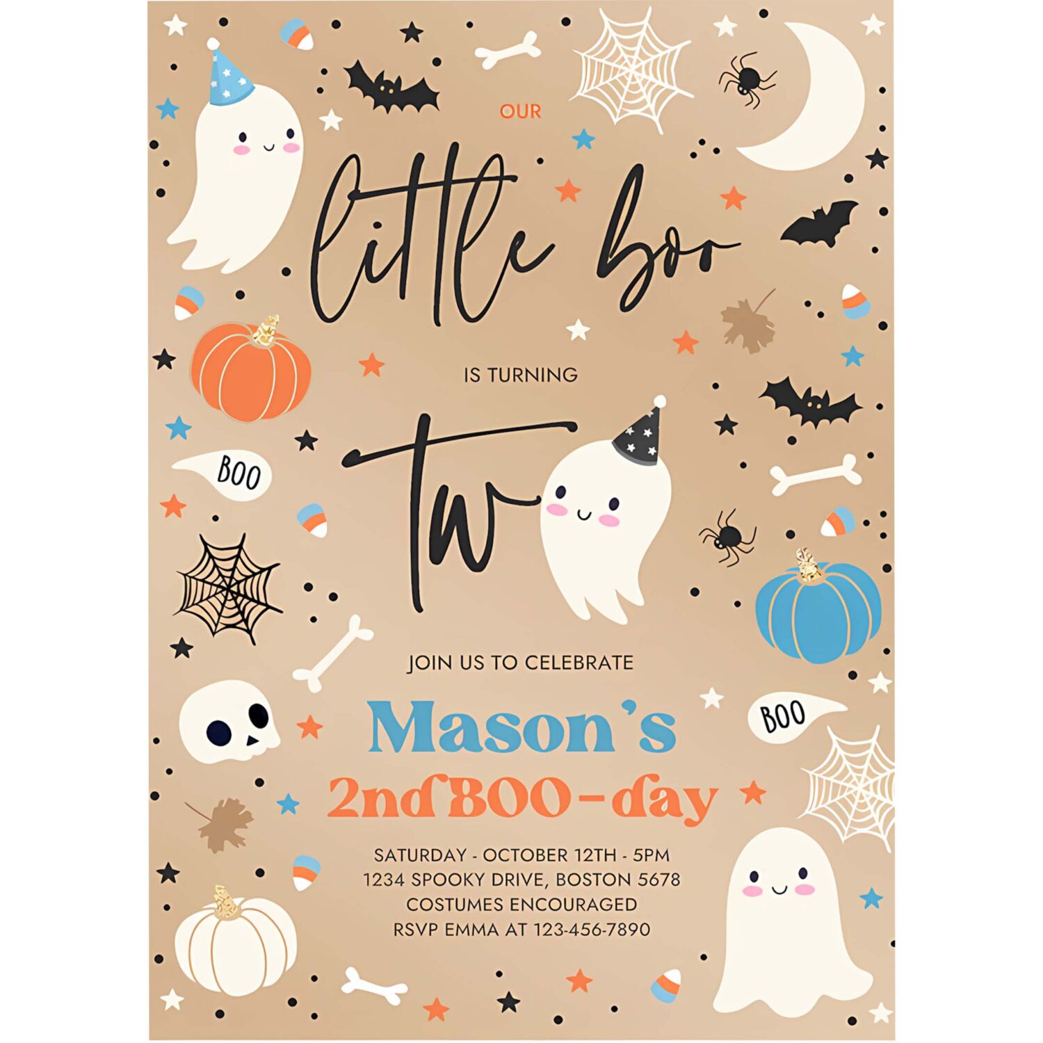 Editable little boo 2nd birthday party invitation cute blue halloween ghost 2nd birthday party spooktacular 2nd birthday instant download h2 4