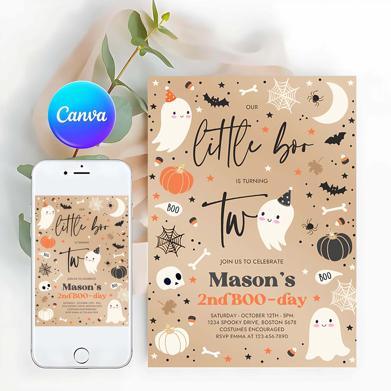 Editable little boo 2nd birthday party invitation cute blue halloween ghost 2nd birthday party spooktacular 2nd birthday instant download h3