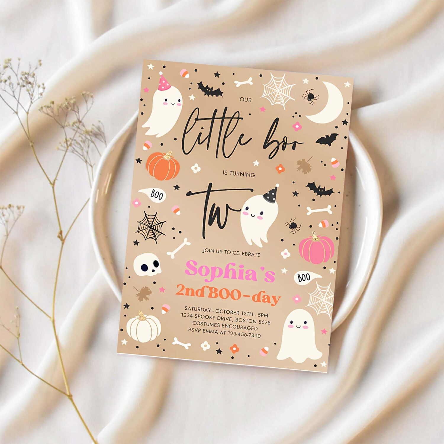Editable little boo 2nd birthday party invitation cute pink halloween ghost 2nd birthday party spooktacular 2nd birthday instant download s0 1