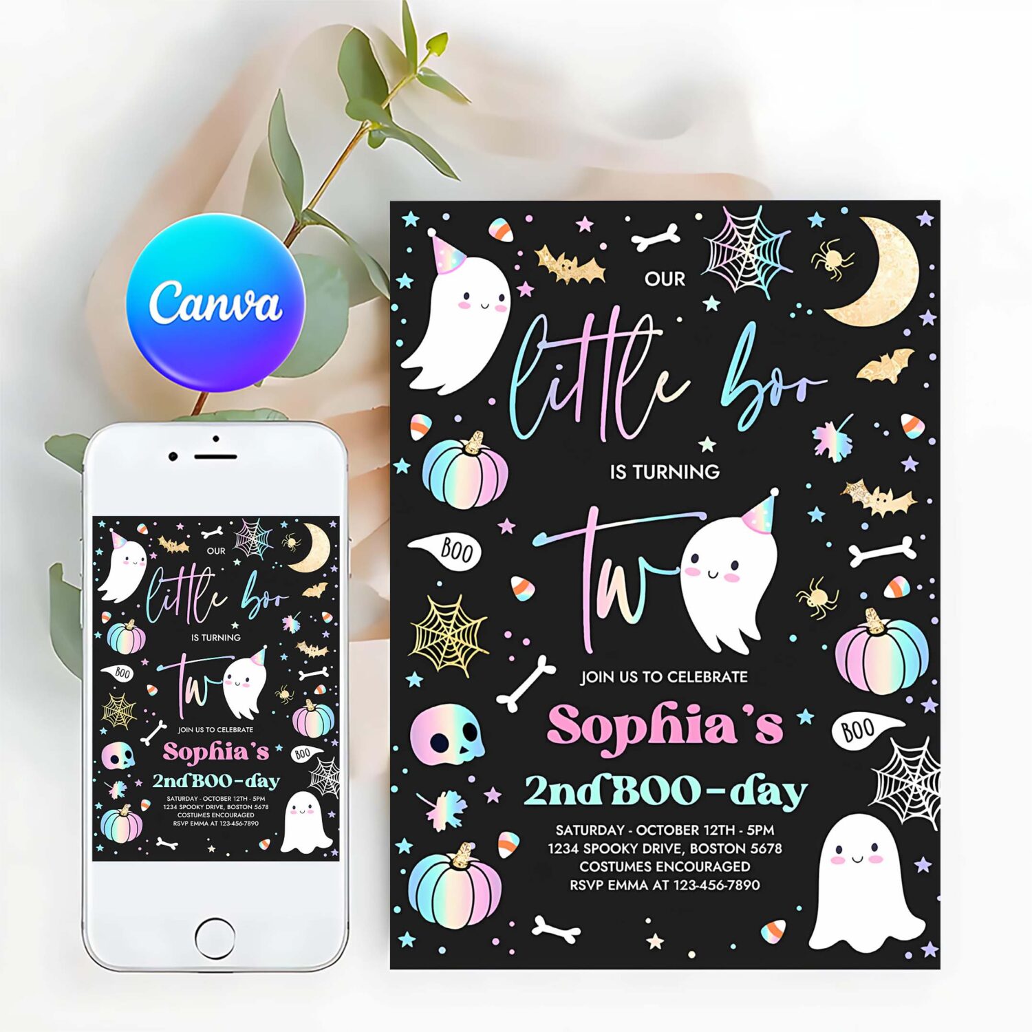 Editable little boo 2nd birthday party invitation cute pink halloween ghost 2nd birthday party spooktacular 2nd birthday instant download s9
