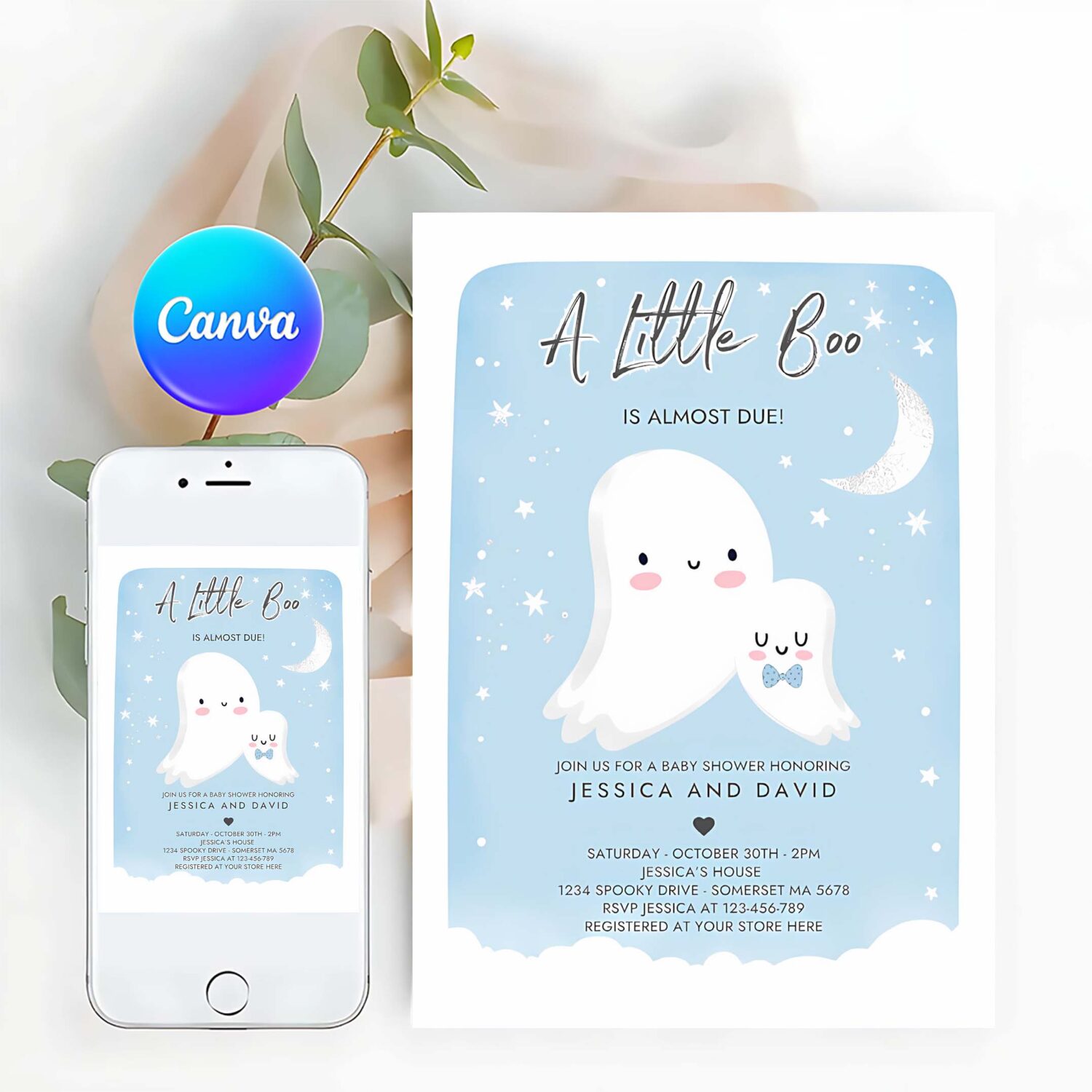Editable little boo baby shower invitation blue ghost boy baby shower invitation halloween boy ghost baby shower instant download b9