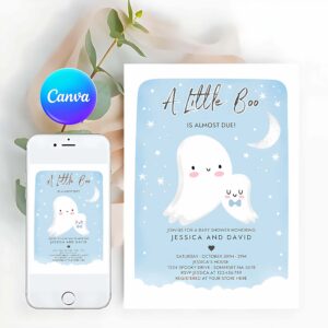 Little Boo Invitation, Little Boo Baby Shower Invitation Blue Ghost Boy Baby Shower Invitation Halloween Boy Ghost Baby Shower