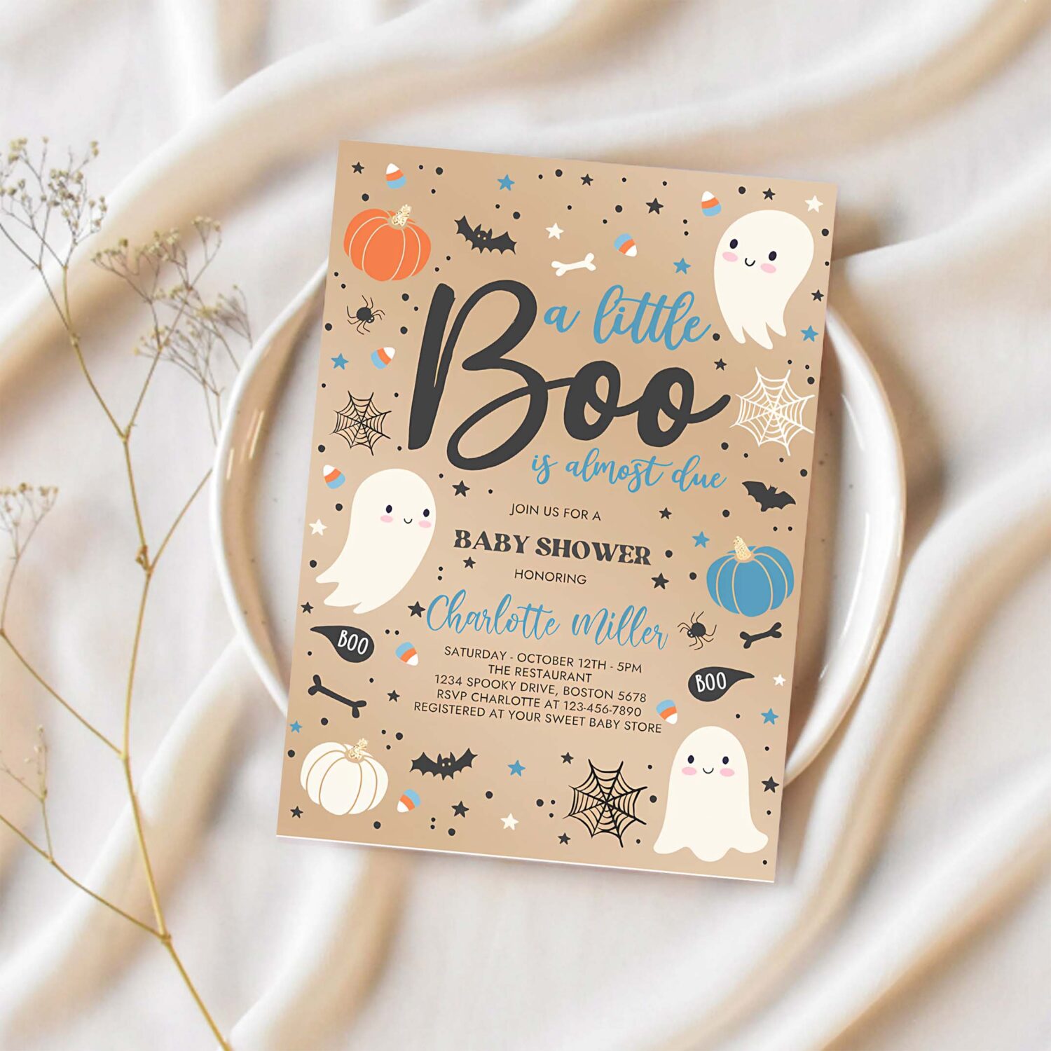 Editable little boo baby shower invitation boy blue ghost baby shower invitation halloween boy ghost baby shower instant download gy8 1
