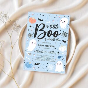 Editable little boo baby shower invitation boy blue ghost baby shower invitation halloween boy ghost baby shower instant download ta3 1