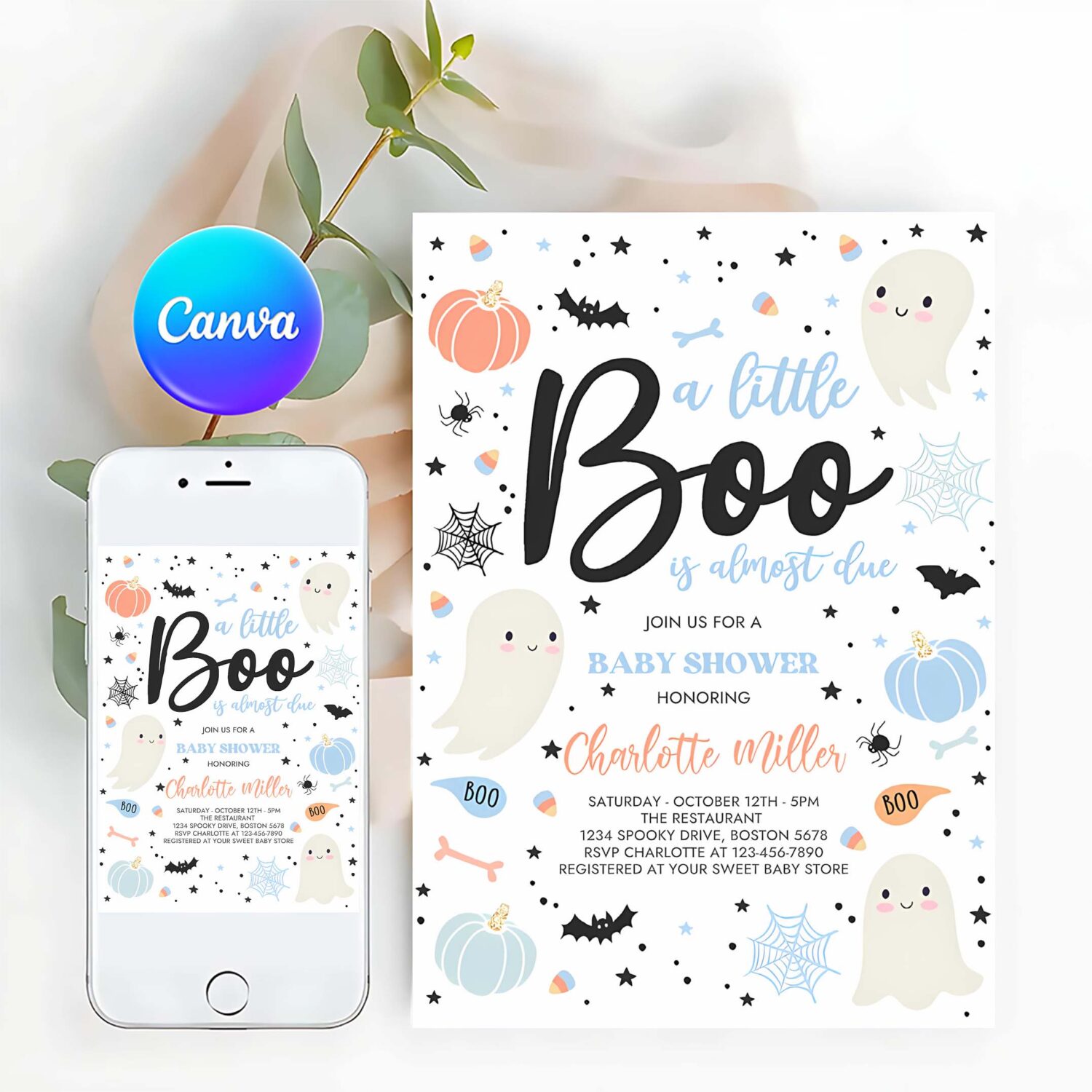 Editable little boo baby shower invitation boy blue ghost baby shower invitation halloween boy ghost baby shower instant download vy
