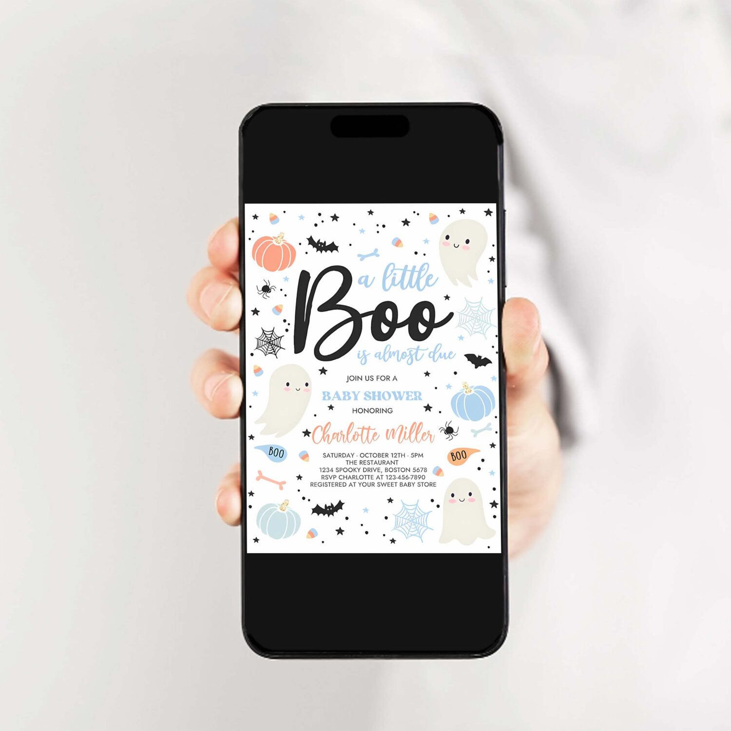 Editable little boo baby shower invitation boy blue ghost baby shower invitation halloween boy ghost baby shower instant download vy 2