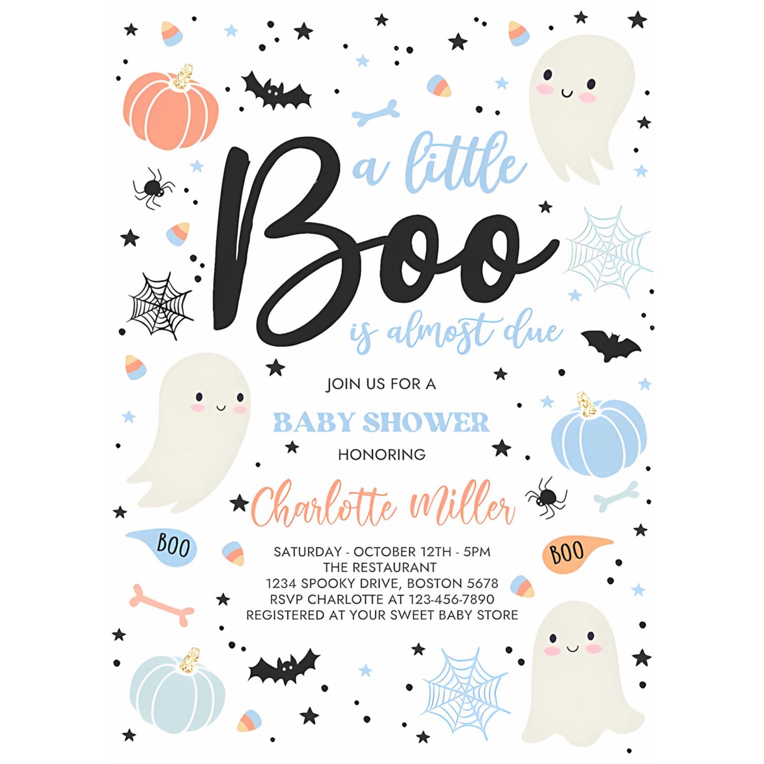 Editable little boo baby shower invitation boy blue ghost baby shower invitation halloween boy ghost baby shower instant download vy 4