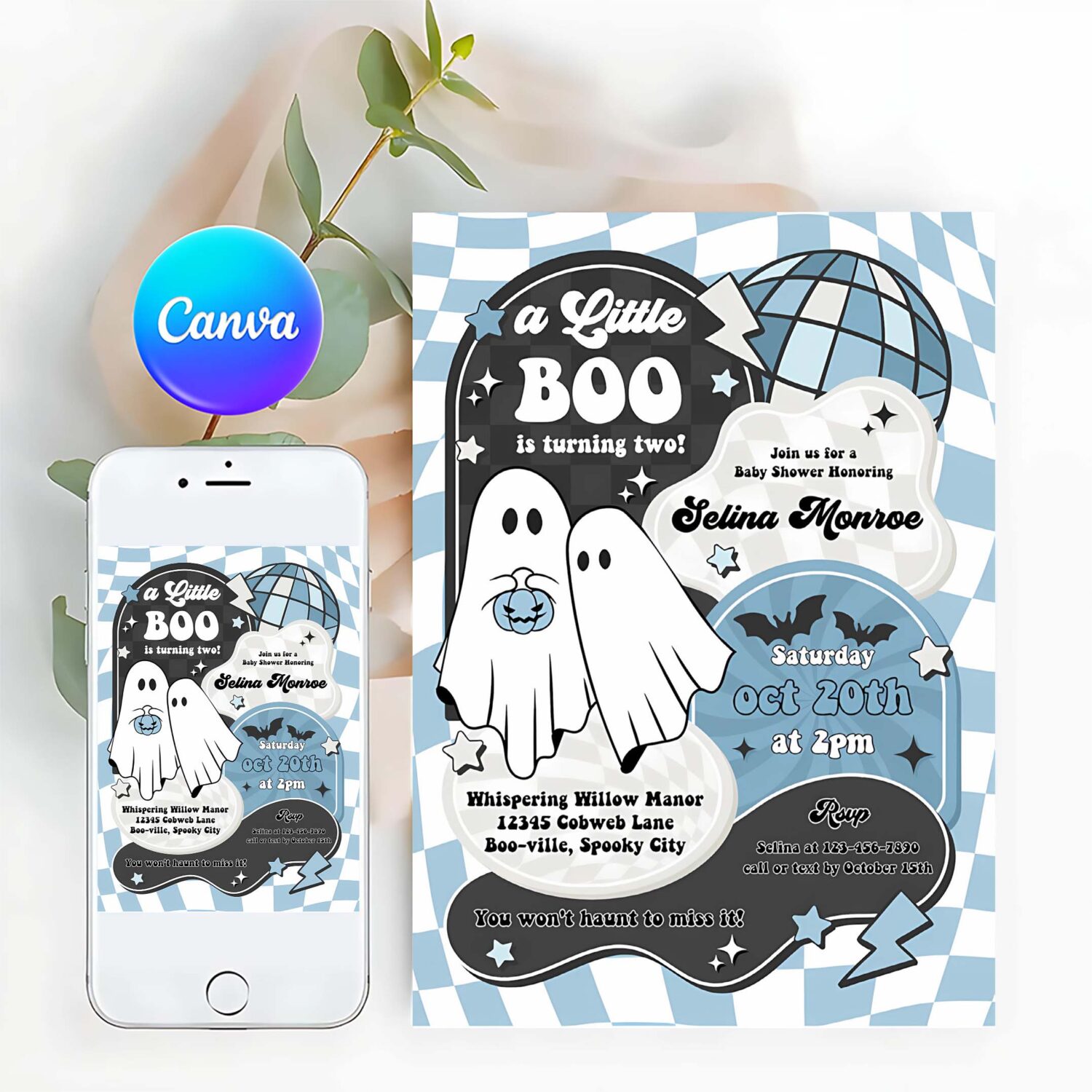 Editable little boo baby shower invitation boy blue ghost baby shower invitation halloween boy ghost baby shower instant download yt6