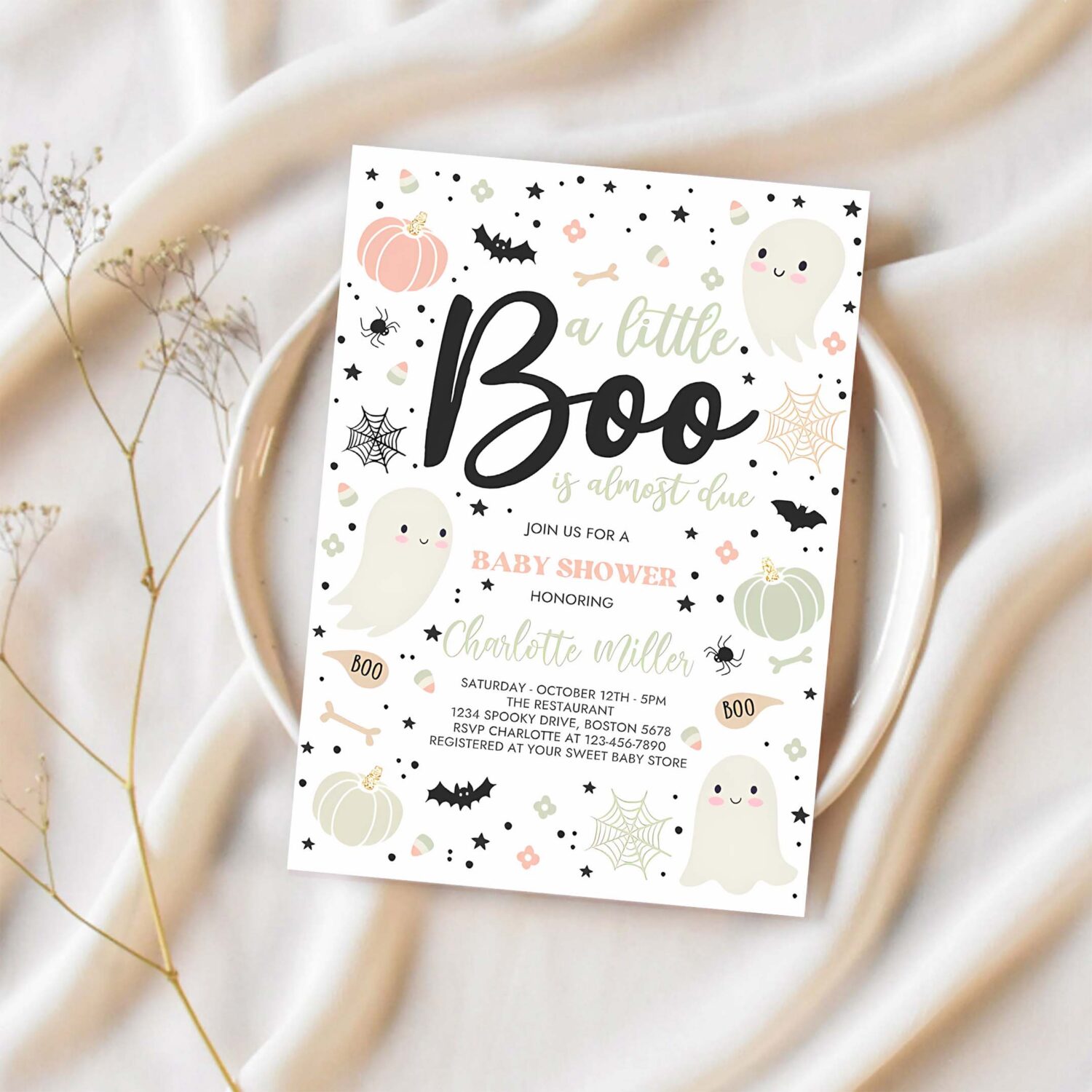 Editable little boo baby shower invitation gender neutral ghost baby shower invitation halloween pink ghost baby shower instant download gy2 1