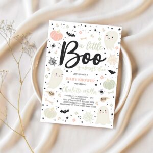 Editable little boo baby shower invitation gender neutral ghost baby shower invitation halloween pink ghost baby shower instant download gy2 1