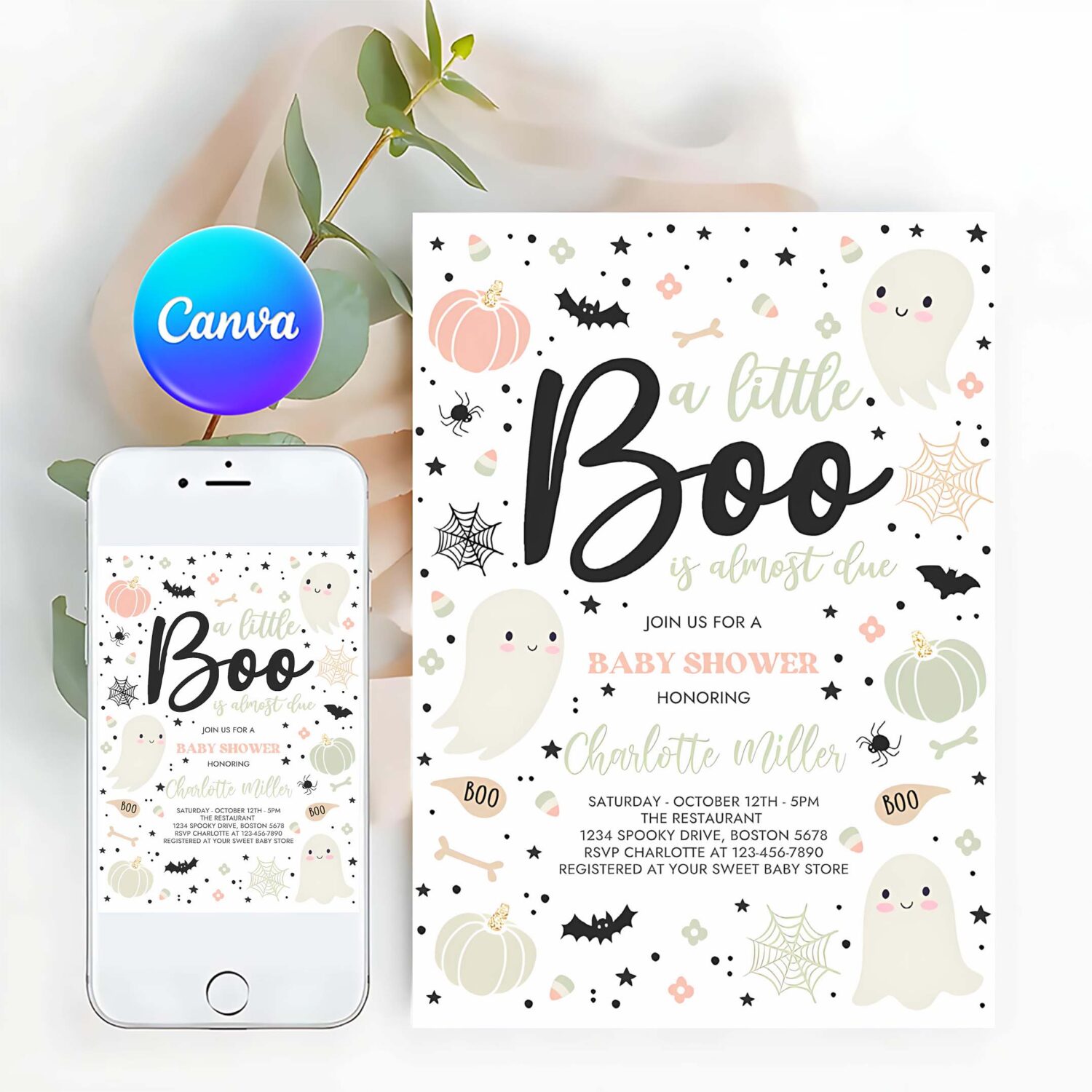 Editable little boo baby shower invitation gender neutral ghost baby shower invitation halloween pink ghost baby shower instant download gy2