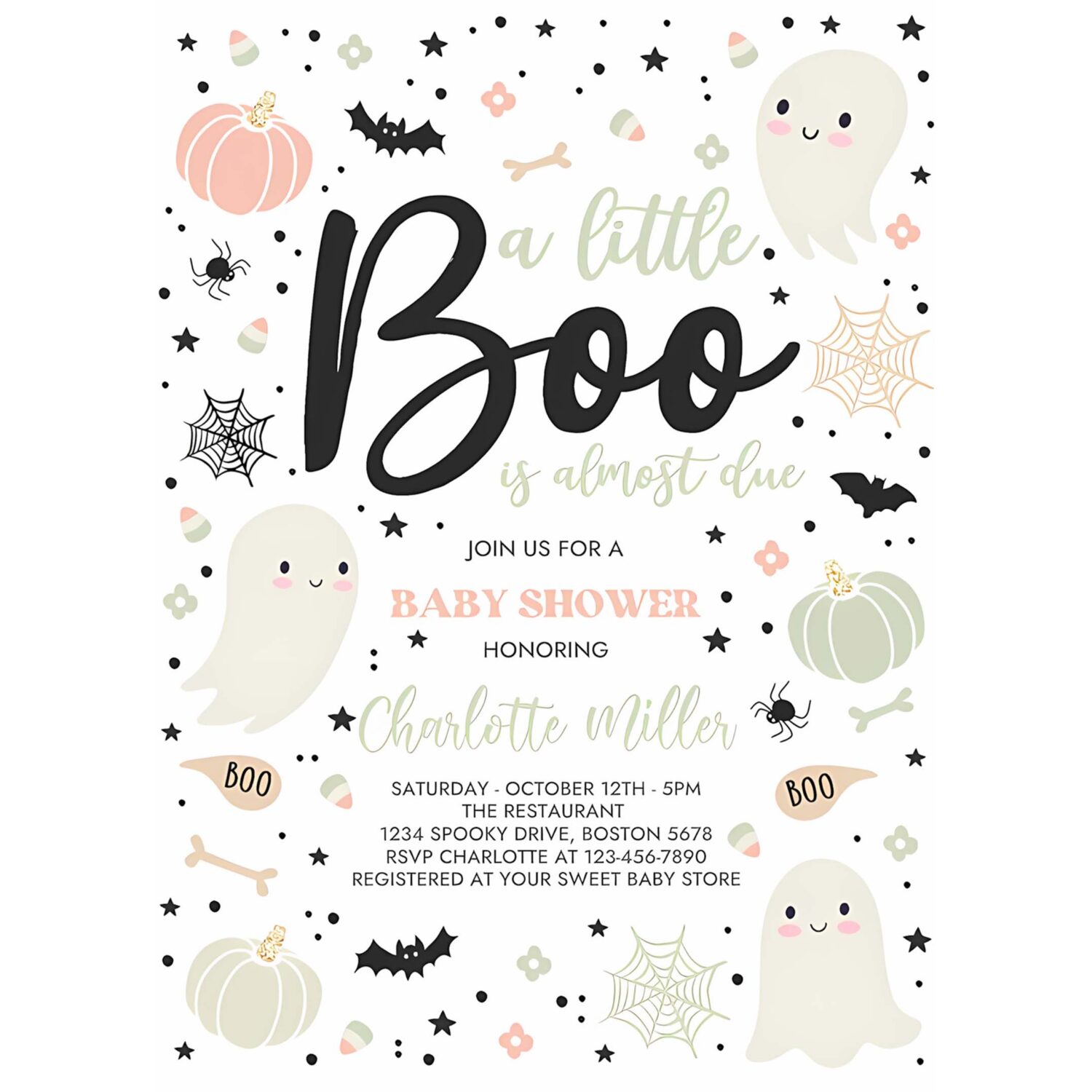 Editable little boo baby shower invitation gender neutral ghost baby shower invitation halloween pink ghost baby shower instant download gy2 4