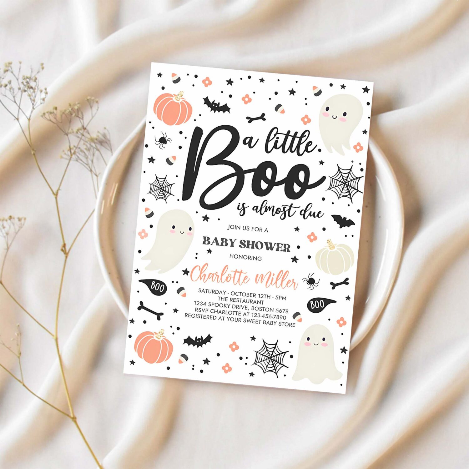 Editable little boo baby shower invitation gender neutral ghost baby shower invitation halloween pink ghost baby shower instant download gy6 1