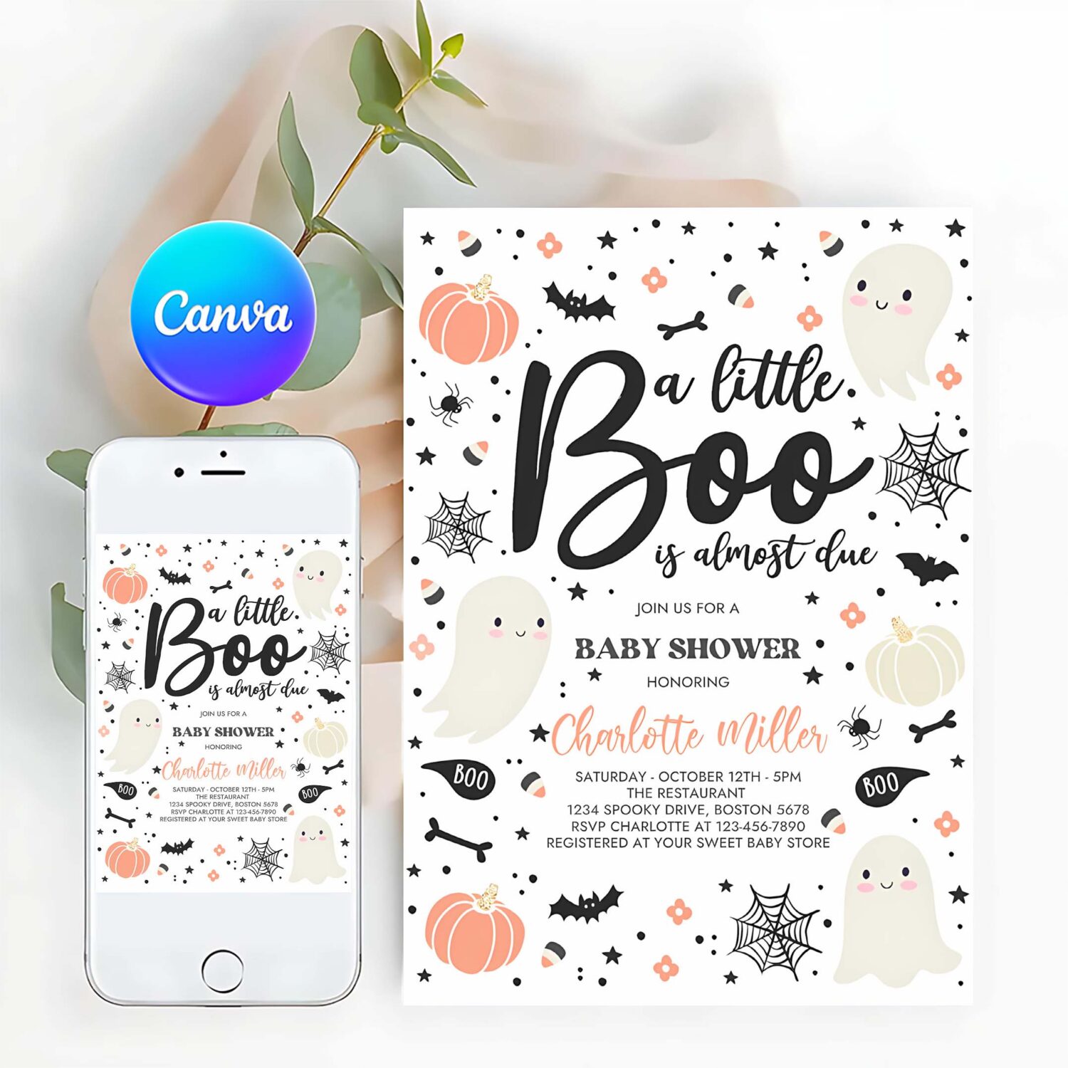 Editable little boo baby shower invitation gender neutral ghost baby shower invitation halloween pink ghost baby shower instant download gy6