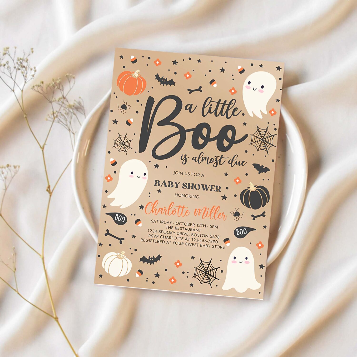 Editable little boo baby shower invitation gender neutral ghost baby shower invitation halloween pink ghost baby shower instant download gy7 1