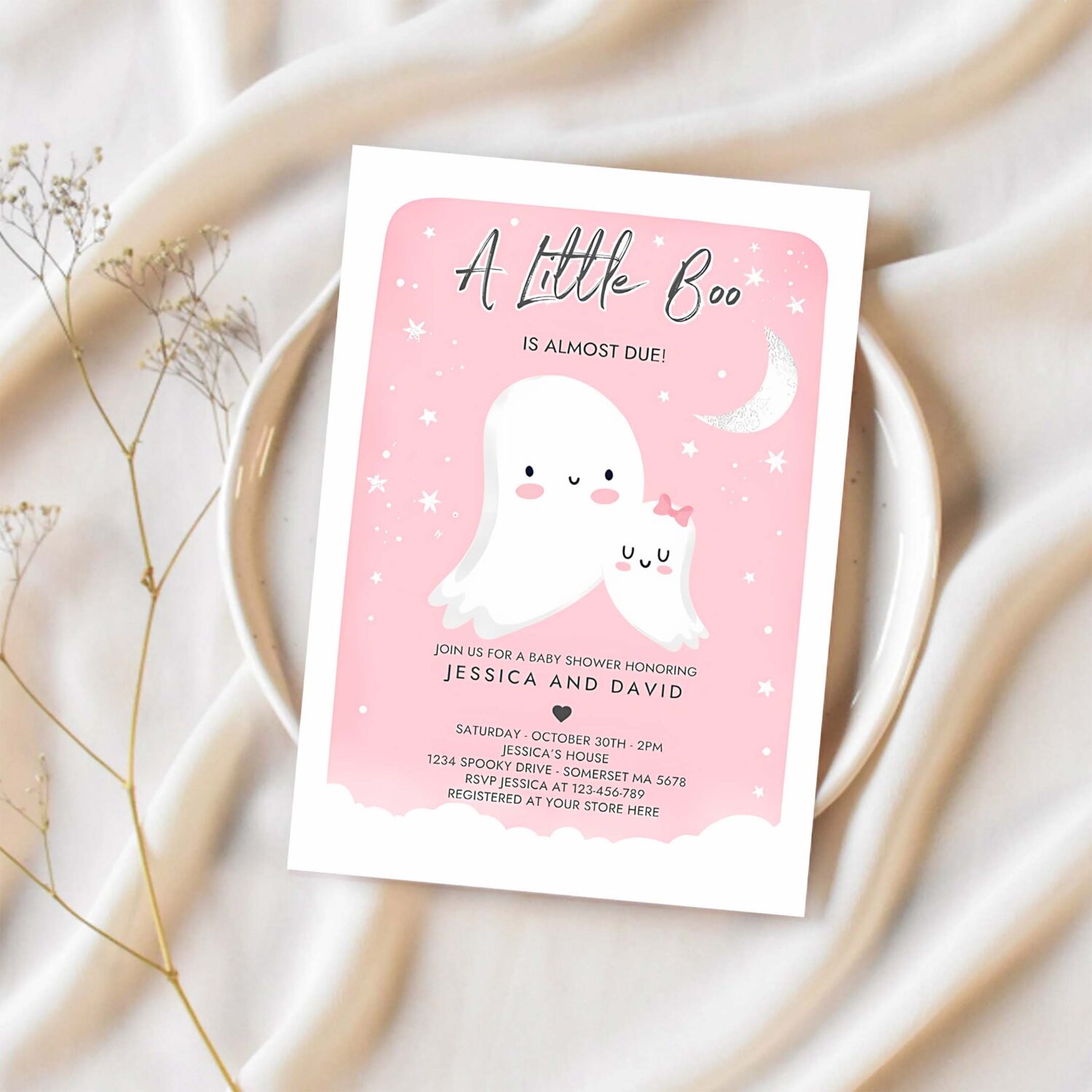 Editable little boo baby shower invitation pink ghost girl baby shower invitation halloween pink ghost baby shower instant download b7 1