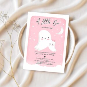 Editable little boo baby shower invitation pink ghost girl baby shower invitation halloween pink ghost baby shower instant download b7 1