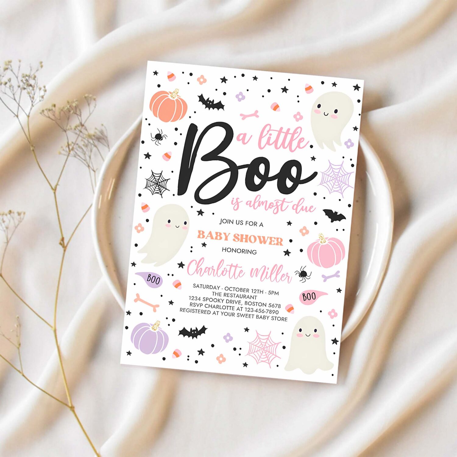 Editable little boo baby shower invitation pink ghost girl baby shower invitation halloween pink ghost baby shower instant download v3 1