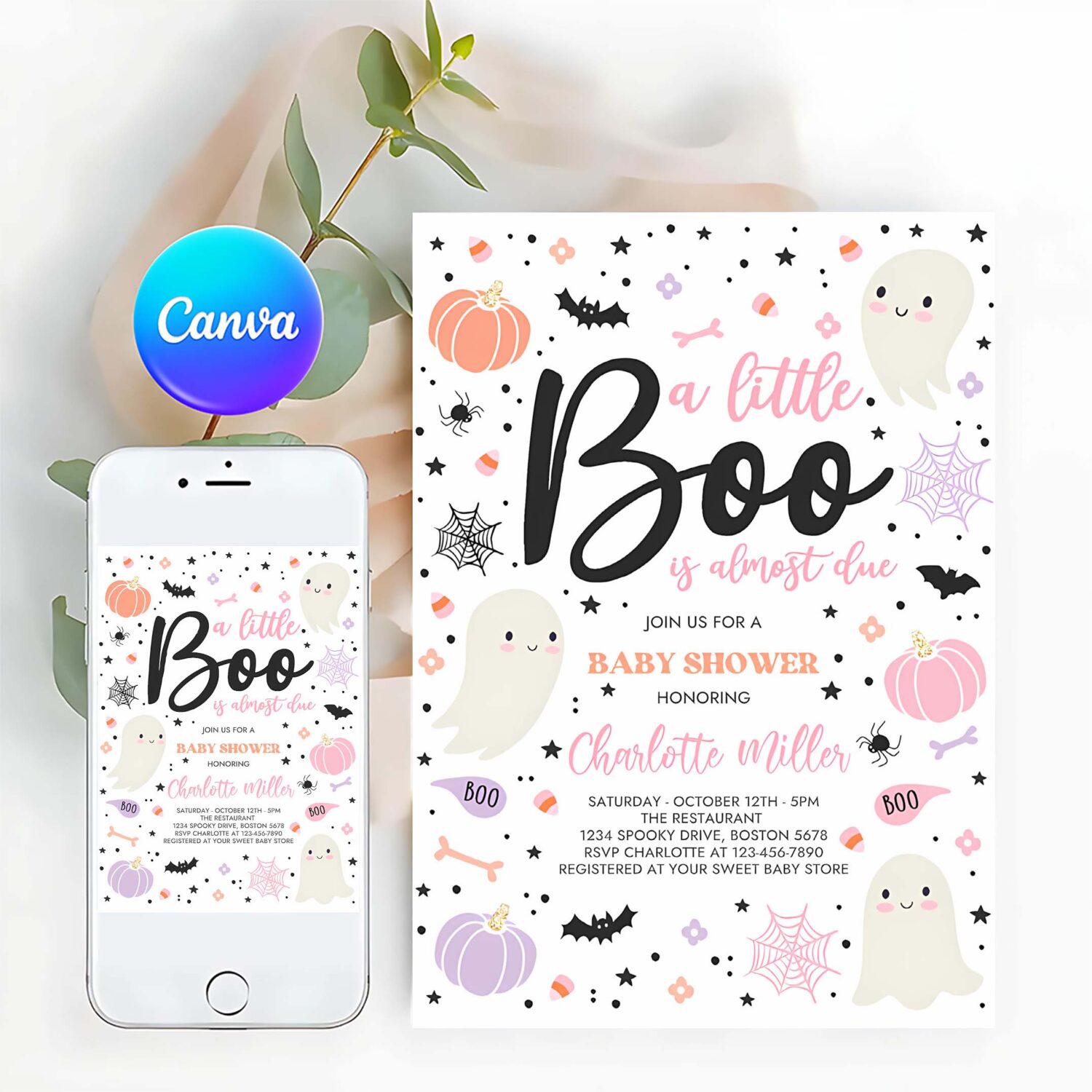 Editable little boo baby shower invitation pink ghost girl baby shower invitation halloween pink ghost baby shower instant download v3