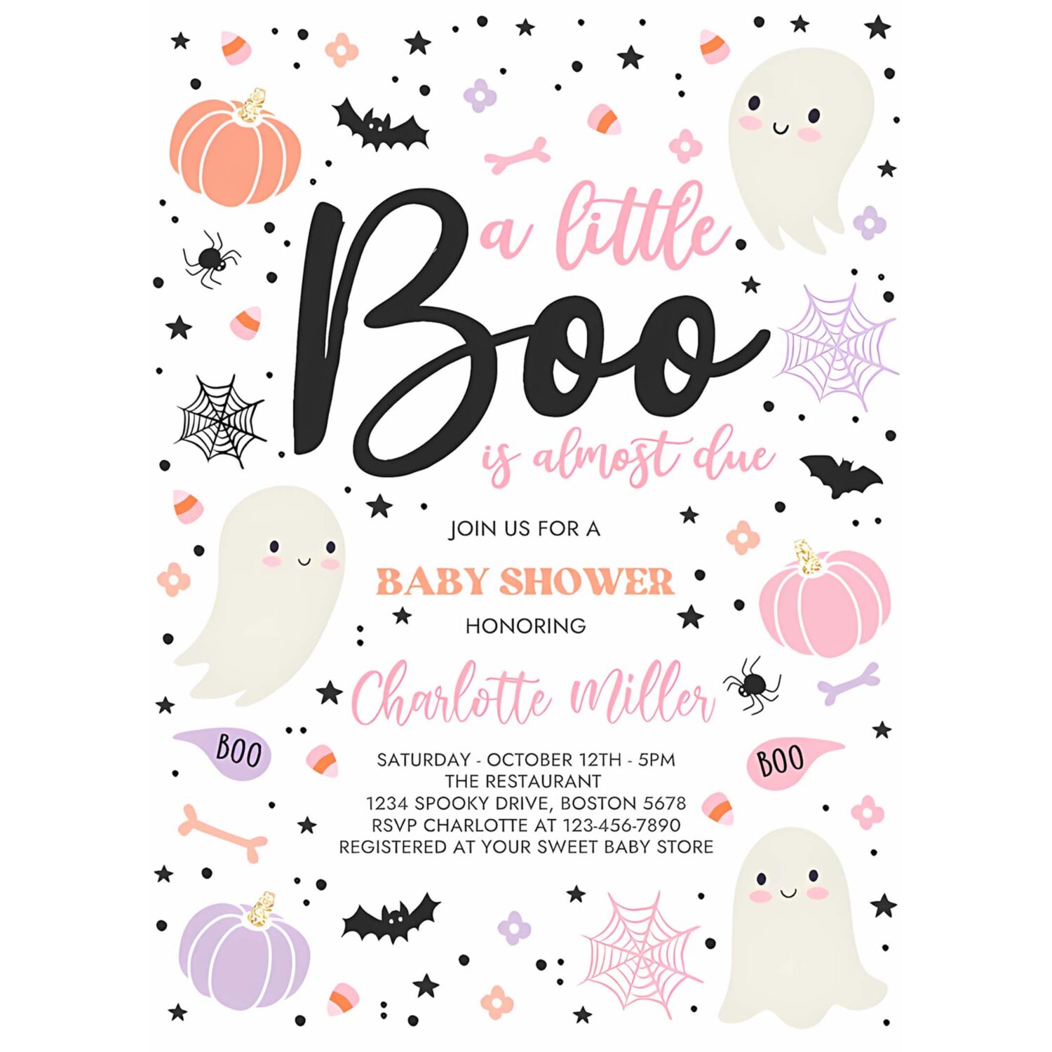 Editable little boo baby shower invitation pink ghost girl baby shower invitation halloween pink ghost baby shower instant download v3 4