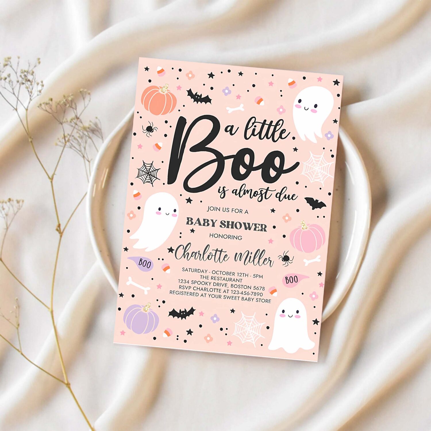 Editable little boo baby shower invitation purple ghost girl baby shower invitation halloween purple ghost baby shower instant download t4 1