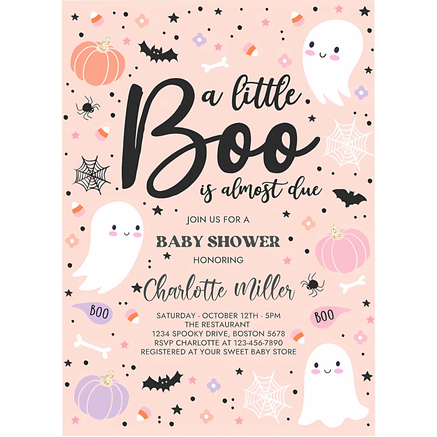 Editable little boo baby shower invitation purple ghost girl baby shower invitation halloween purple ghost baby shower instant download t4 4