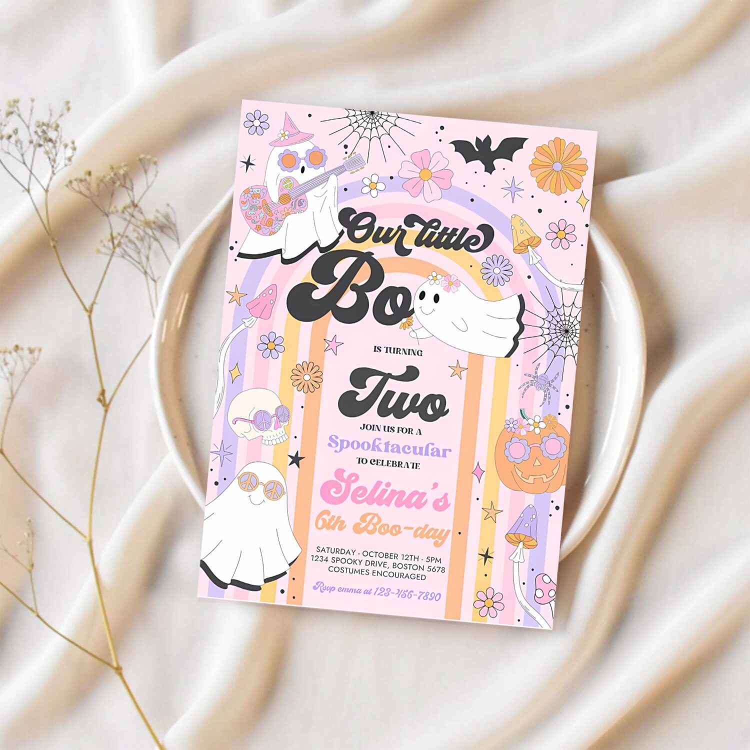 Editable little boo halloween ghost 2nd birthday invitation groovy rainbow ghost party hippie halloween party instant download v6 1