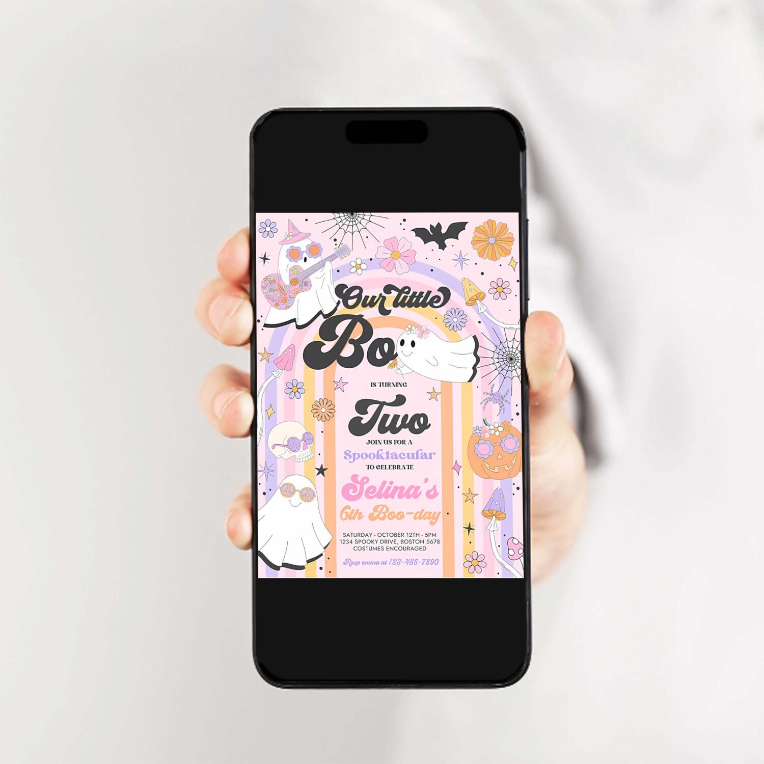 Editable little boo halloween ghost 2nd birthday invitation groovy rainbow ghost party hippie halloween party instant download v6 2