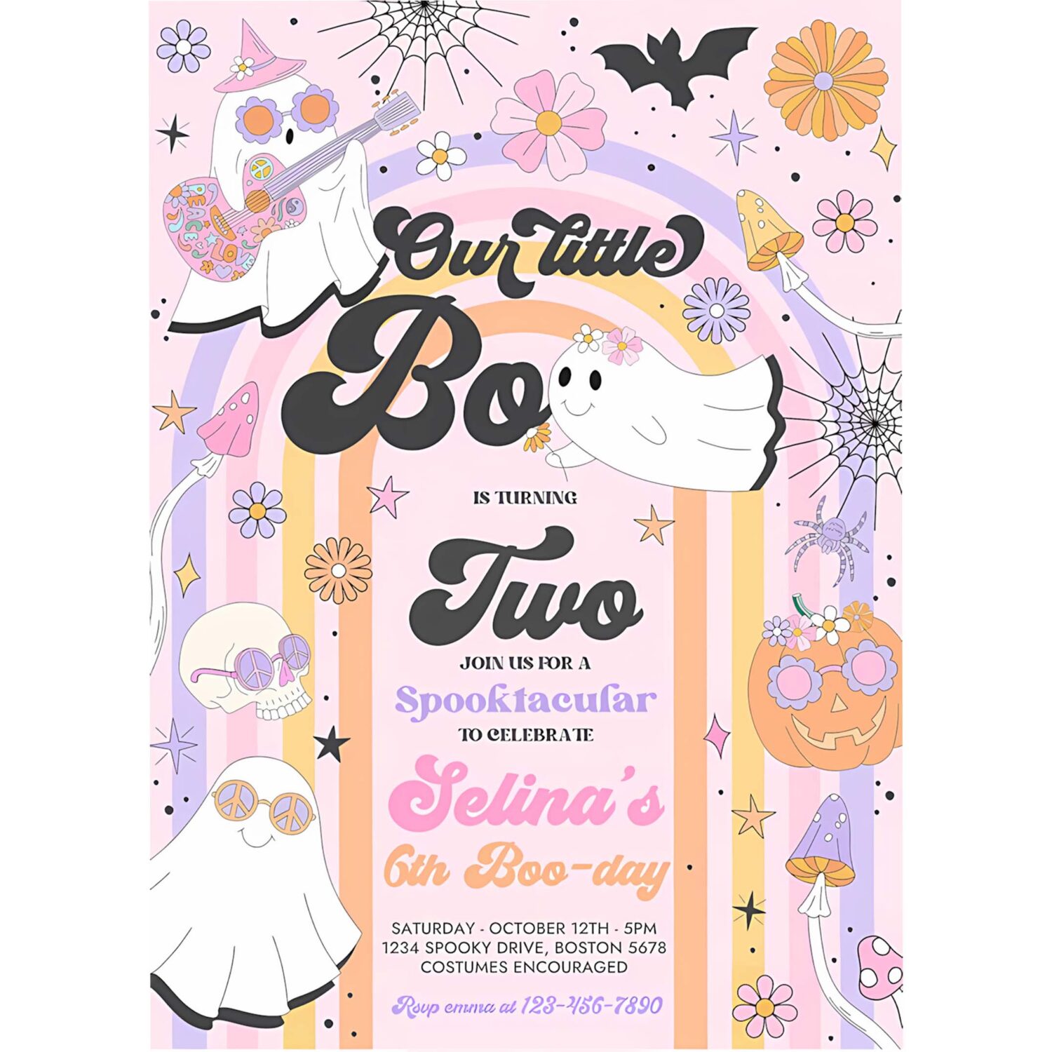 Editable little boo halloween ghost 2nd birthday invitation groovy rainbow ghost party hippie halloween party instant download v6 4