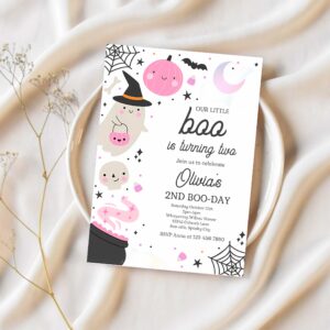 Editable little boo halloween ghost 2nd birthday party invitation boho groovy ghost halloween birthday party invite instant download 42w 1