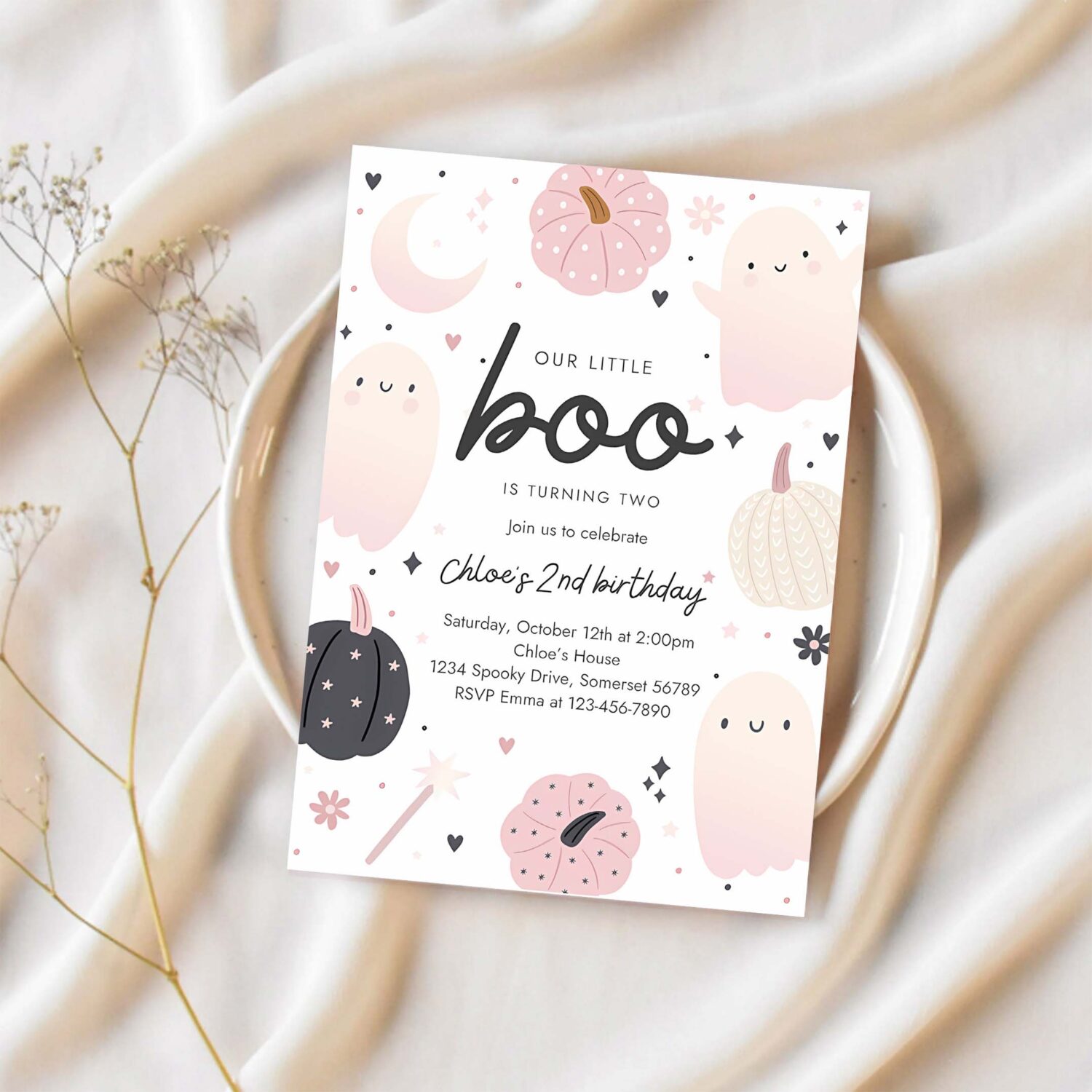 Editable little boo halloween ghost 2nd birthday party invitation boho groovy ghost halloween birthday party invite instant download 43f 1