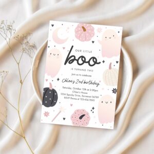 Editable little boo halloween ghost 2nd birthday party invitation boho groovy ghost halloween birthday party invite instant download 43f 1