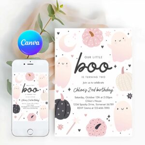 Little Boo Invitation, Little Boo Halloween Ghost 2nd Birthday Party Invitation Boho Groovy Ghost Halloween Birthday Party Invite