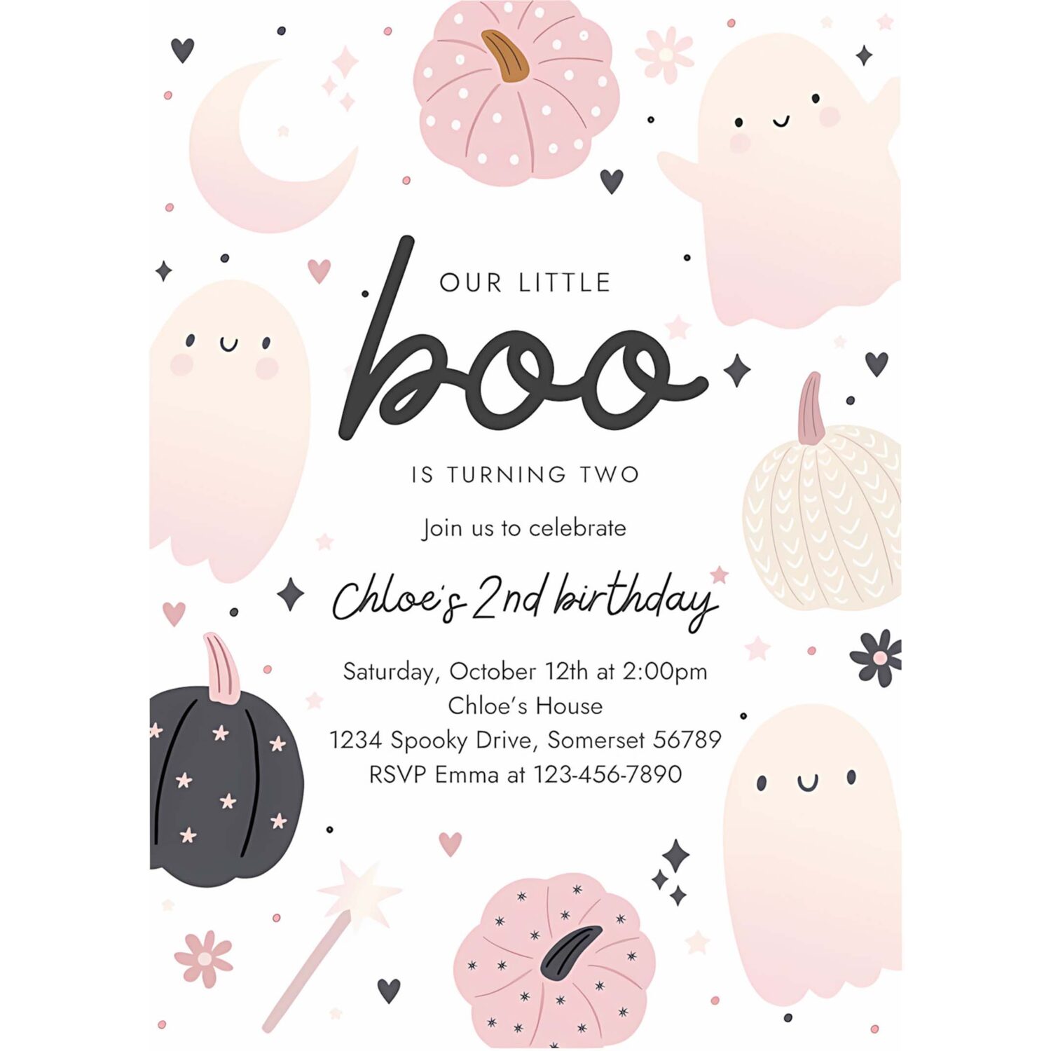 Editable little boo halloween ghost 2nd birthday party invitation boho groovy ghost halloween birthday party invite instant download 43f 4
