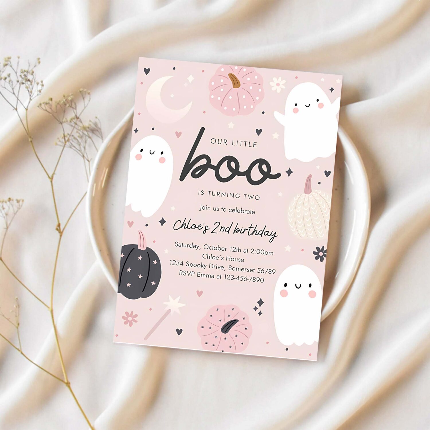 Editable little boo halloween ghost 2nd birthday party invitation boho groovy ghost halloween birthday party invite instant download 45f 1