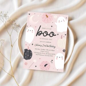 Editable little boo halloween ghost 2nd birthday party invitation boho groovy ghost halloween birthday party invite instant download 45f 1