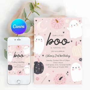 Little Boo Invitation, Little Boo Halloween Ghost 2nd Birthday Party Invitation Boho Groovy Ghost Halloween Birthday Party Invite