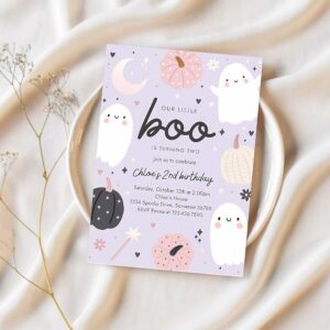 Editable little boo halloween ghost 2nd birthday party invitation boho groovy ghost halloween birthday party invite instant download 45r 1