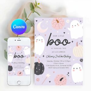 Little Boo Invitation, Little Boo Halloween Ghost 2nd Birthday Party Invitation Boho Groovy Ghost Halloween Birthday Party Invite