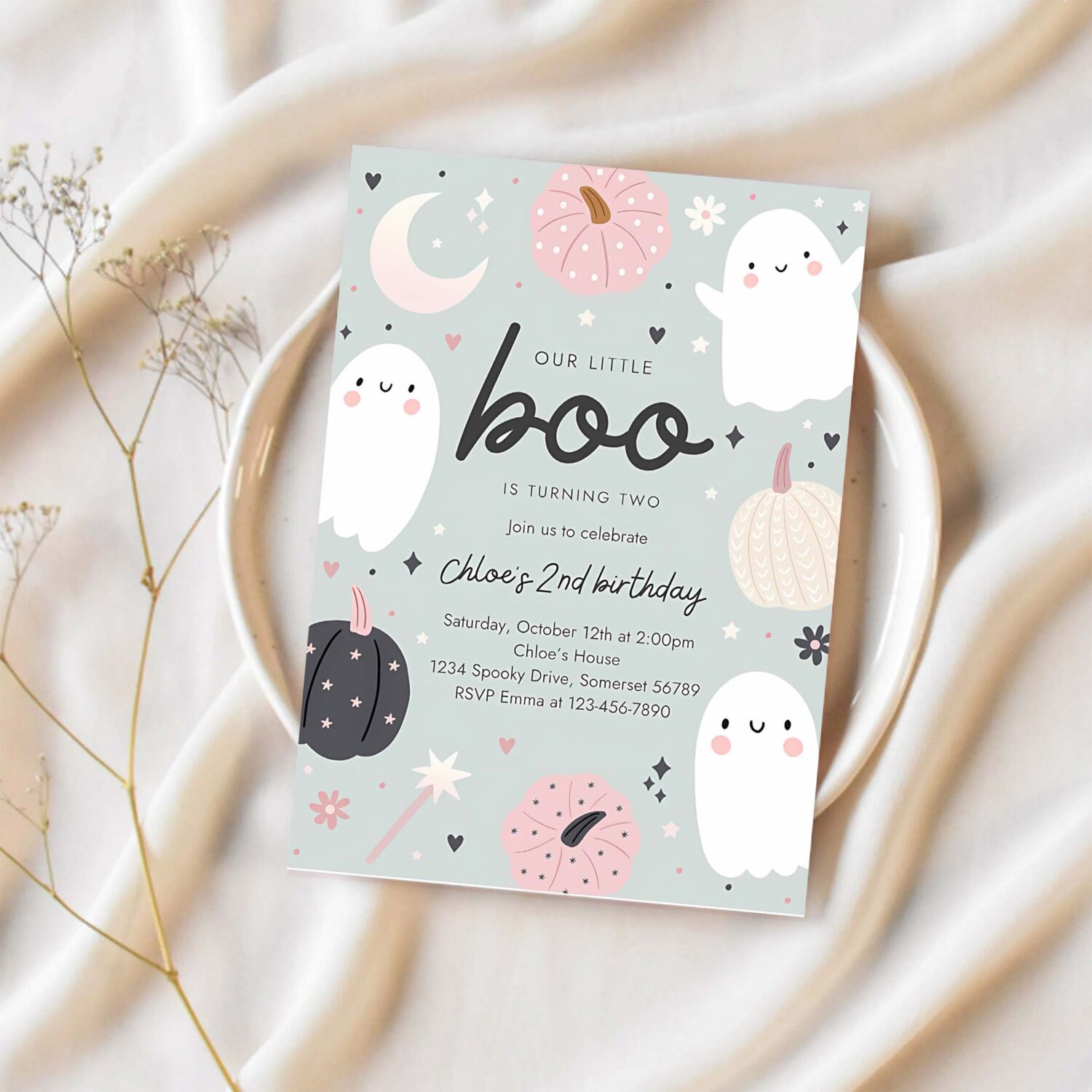 Editable little boo halloween ghost 2nd birthday party invitation boho groovy ghost halloween birthday party invite instant download saj 1