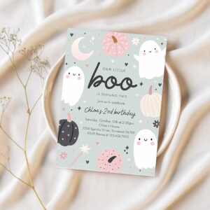 Editable little boo halloween ghost 2nd birthday party invitation boho groovy ghost halloween birthday party invite instant download saj 1