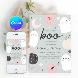 Little Boo Invitation, Little Boo Halloween Ghost 2nd Birthday Party Invitation Boho Groovy Ghost Halloween Birthday Party Invite