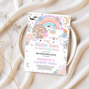 Editable little boo halloween ghost 2nd birthday party invitation groovy rainbow ghost party hippie halloween party instant download 45g 1