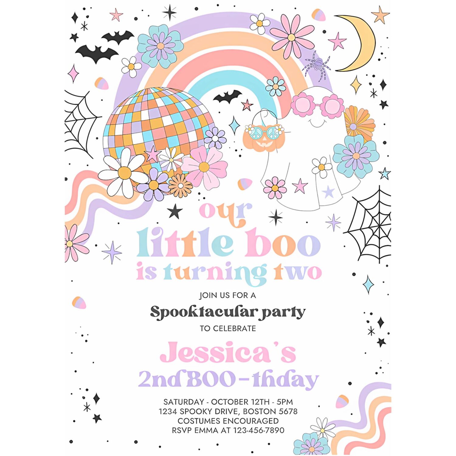 Editable little boo halloween ghost 2nd birthday party invitation groovy rainbow ghost party hippie halloween party instant download 45g 4